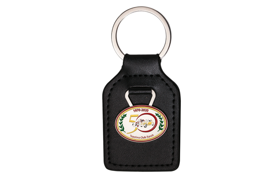 Keychain: real leather, emblem: minted, colored, matt nickel-plated